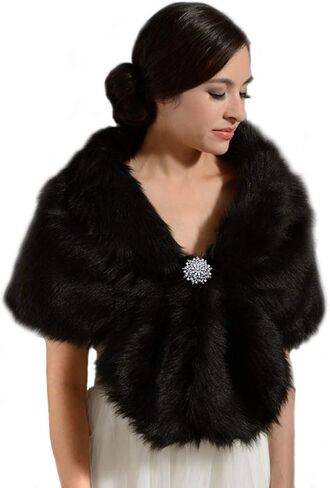 Aukmla Women's Wedding Faux Fur Shawls and Wraps Bridal Fur Scarf Stoles with Rhinestones Brooch for Bride and Bridesmaids in Kuwait