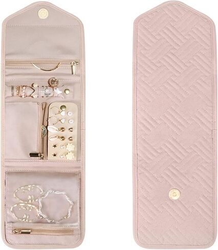 حقيبة تنظيم مجوهرات السفر CNFZLIYUER، حقيبة مجوهرات قابلة للطي، بكرة مجوهرات ناعمة صغيرة محمولة وردية اللون، تخزين المجوهرات، حقيبة رحلة للخواتم والقلائد والأقراط والأساور2 in Kuwait