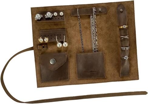 Heather's, Rustic Jewelry Roll Handmade from Full Grain Leather - Portable Organizer Pouch for Necklaces, Earrings, and Bracelets - Bride & Groom Precious Articles Storage - Bourbon Brown in Saudi Arabia