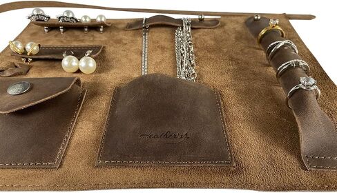 Heather's, Rustic Jewelry Roll Handmade from Full Grain Leather - Portable Organizer Pouch for Necklaces, Earrings, and Bracelets - Bride & Groom Precious Articles Storage - Bourbon Brown in Saudi Arabia