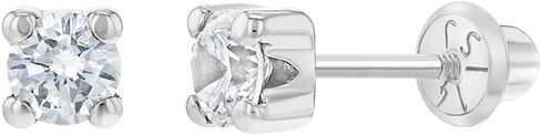 14k White Gold Girl's Clear Cubic Zirconia Prong Set Solitaire Screw Back Earring Studs - Small Elegant Round Screw Back Earring Set for Infants and Toddlers in Saudi Arabia