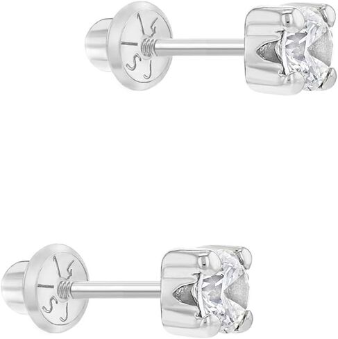14k White Gold Girl's Clear Cubic Zirconia Prong Set Solitaire Screw Back Earring Studs - Small Elegant Round Screw Back Earring Set for Infants and Toddlers in Saudi Arabia