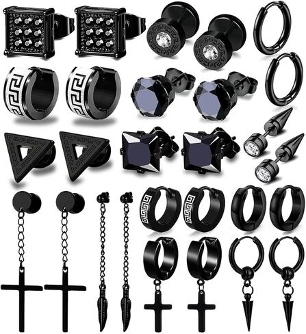 14 زوج من اقراط الستانلس ستيل للرجال - تصميم صليب اسود عصري - اقراط تيتانيوم مضادة للحساسية - مناسبة لجميع المناسبات، ستانلس ستيل، زركونيا مكعب in Kuwait