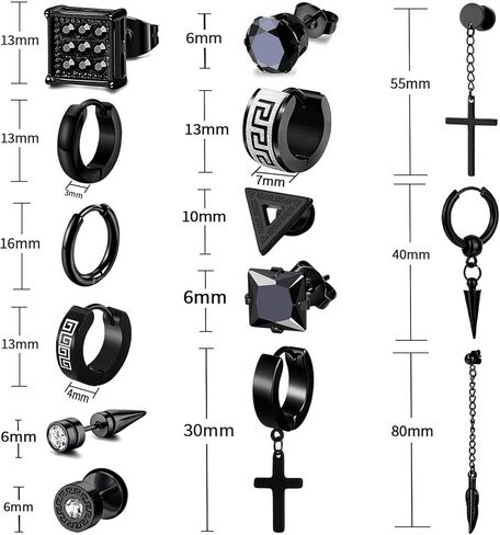 14 زوج من اقراط الستانلس ستيل للرجال - تصميم صليب اسود عصري - اقراط تيتانيوم مضادة للحساسية - مناسبة لجميع المناسبات، ستانلس ستيل، زركونيا مكعب in Kuwait