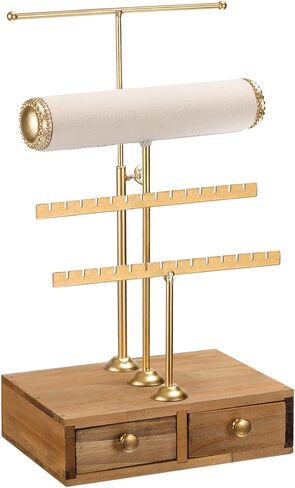 uxcell Jewelry Stand Holder with Storage Drawer, Metal Necklace Display Organizer 2 Tier Earring Tower for Bracelets, Rings, Earrings, Necklaces - Gold in Saudi Arabia