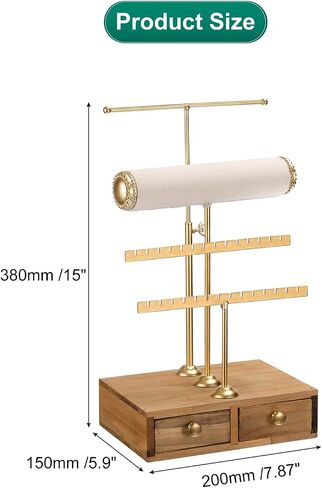 uxcell Jewelry Stand Holder with Storage Drawer, Metal Necklace Display Organizer 2 Tier Earring Tower for Bracelets, Rings, Earrings, Necklaces - Gold in Saudi Arabia