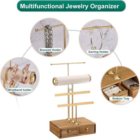 uxcell Jewelry Stand Holder with Storage Drawer, Metal Necklace Display Organizer 2 Tier Earring Tower for Bracelets, Rings, Earrings, Necklaces - Gold in Saudi Arabia