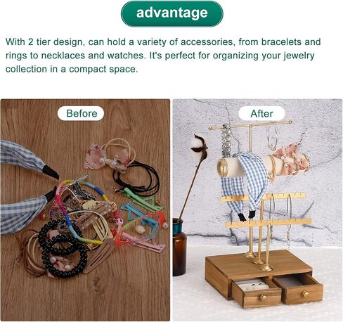 uxcell Jewelry Stand Holder with Storage Drawer, Metal Necklace Display Organizer 2 Tier Earring Tower for Bracelets, Rings, Earrings, Necklaces - Gold in Saudi Arabia