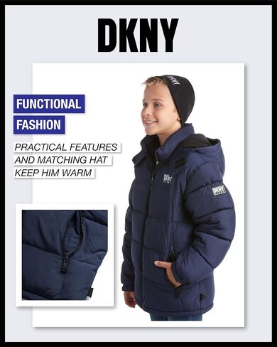 معطف شتوي ثقيل الوزن للأولاد من DKNY - سترة تزلج مبطنة بالصوف معزولة مقاومة للماء مع قبعة in Kuwait