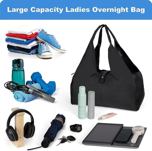 حقيبة رياضية للصالة الرياضية للنساء والرجال، حقيبة سفر ليلية لعطلة نهاية الأسبوع باللون الأسود للنساء تناسب كمبيوتر محمول مقاس 13.3 بوصة، حقيبة من القماش الخشن مقاومة للماء مع حجرة للأحذية وجيب مبلل للطائرة واليوجا والسباحة. in Kuwait