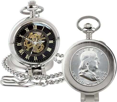 Coin Pocket Watch with Skeleton Movement | Silver Franklin Half Dollar | Genuine U.S. Coin | Sweeping Second Hand, Magnifying Glass | Silvertone Case | Certificate of Authenticity in Saudi Arabia