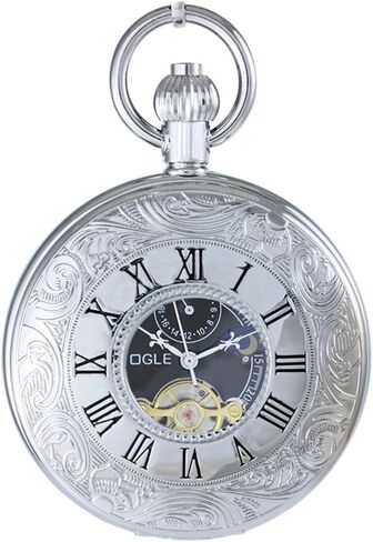 OGLE Waterproof Roman Black Tourbillon Phases Moon Chain Fob Skeleton Automatic Mechanical Pocket Watch in Kuwait