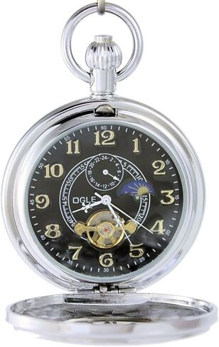 OGLE Waterproof Roman Black Tourbillon Phases Moon Chain Fob Skeleton Automatic Mechanical Pocket Watch in Kuwait