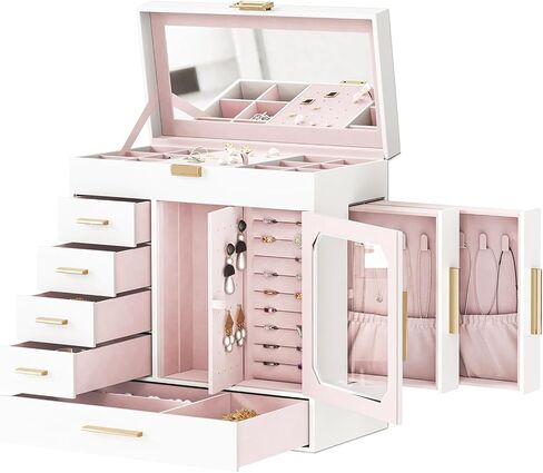 HOOBRO Jewelry Box with Mirror, Jewelry Organizer Box with Capacious Storage Space, Jewelry Holder Organizer, Hand-Held Jewelry Case, Glass Cover, Modern Style, Black and Light Gold BK06JB04G1 in Saudi Arabia