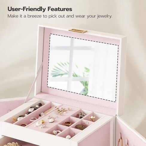 HOOBRO Jewelry Box with Mirror, Jewelry Organizer Box with Capacious Storage Space, Jewelry Holder Organizer, Hand-Held Jewelry Case, Glass Cover, Modern Style, Black and Light Gold BK06JB04G1 in Saudi Arabia