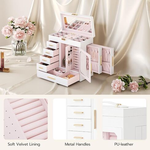 HOOBRO Jewelry Box with Mirror, Jewelry Organizer Box with Capacious Storage Space, Jewelry Holder Organizer, Hand-Held Jewelry Case, Glass Cover, Modern Style, Black and Light Gold BK06JB04G1 in Saudi Arabia