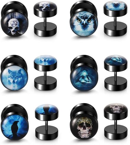 PiercingJ 6 أزواج من الأقراط ذات المقاييس الصناعية أقراط سوداء على شكل جمجمة قوطية 18 جرام من الفولاذ المقاوم للصدأ 00 جرام الغشاش سدادات أذن وهمية وهمي نفق ثقب الحديد مسمار المسمار القرط in Kuwait