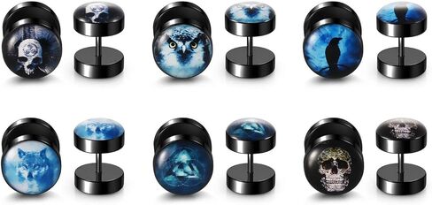 PiercingJ 6 أزواج من الأقراط ذات المقاييس الصناعية أقراط سوداء على شكل جمجمة قوطية 18 جرام من الفولاذ المقاوم للصدأ 00 جرام الغشاش سدادات أذن وهمية وهمي نفق ثقب الحديد مسمار المسمار القرط in Kuwait