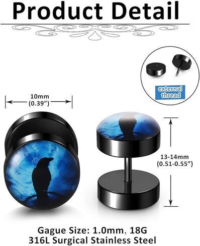 PiercingJ 6 أزواج من الأقراط ذات المقاييس الصناعية أقراط سوداء على شكل جمجمة قوطية 18 جرام من الفولاذ المقاوم للصدأ 00 جرام الغشاش سدادات أذن وهمية وهمي نفق ثقب الحديد مسمار المسمار القرط in Kuwait