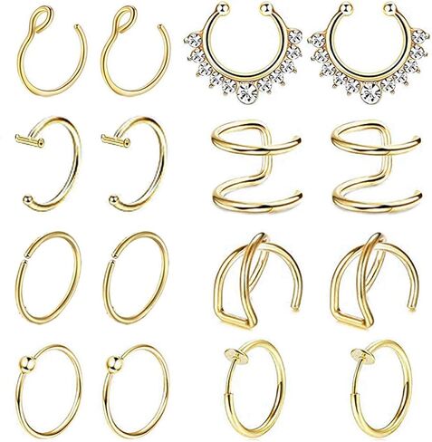 REVOLIA 16Pcs 20G Stainless Steel Fake Nose Ring Hoop Clip On Cuff Earrings Cartilage Septum Ring Tragus Ear Faux Piercing Body Jewelry in Saudi Arabia