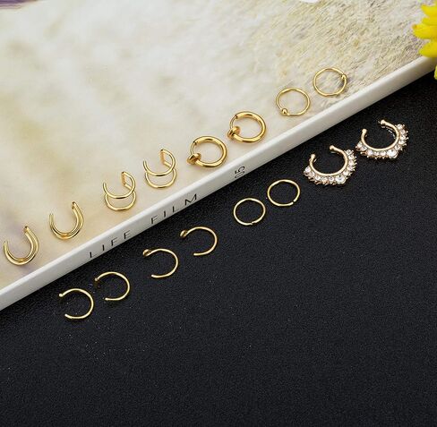 REVOLIA 16Pcs 20G Stainless Steel Fake Nose Ring Hoop Clip On Cuff Earrings Cartilage Septum Ring Tragus Ear Faux Piercing Body Jewelry in Saudi Arabia