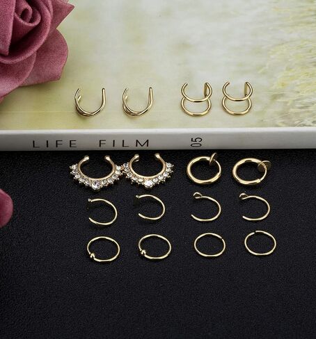 REVOLIA 16Pcs 20G Stainless Steel Fake Nose Ring Hoop Clip On Cuff Earrings Cartilage Septum Ring Tragus Ear Faux Piercing Body Jewelry in Saudi Arabia