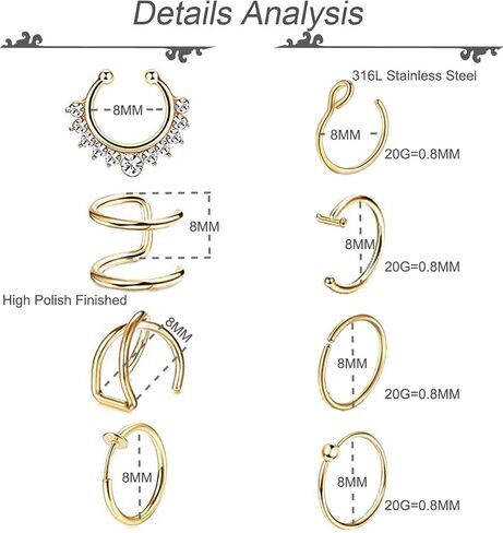 REVOLIA 16Pcs 20G Stainless Steel Fake Nose Ring Hoop Clip On Cuff Earrings Cartilage Septum Ring Tragus Ear Faux Piercing Body Jewelry in Saudi Arabia