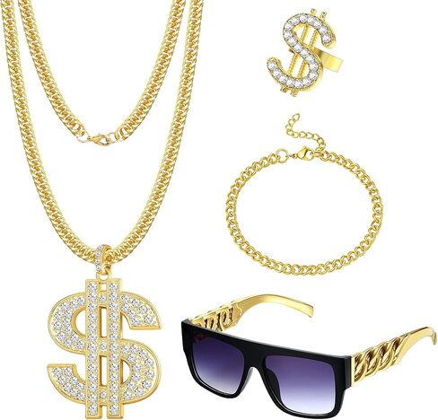 Jstyle 80s/90s Hip Hop Costume Kit for Men Women Metal Chain Necklace Bracelet Sunglasses Dollar Sign Ring Punk Hip Hop Rapper Costume Jewelry in Saudi Arabia