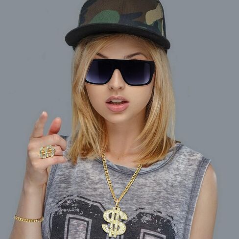 Jstyle 80s/90s Hip Hop Costume Kit for Men Women Metal Chain Necklace Bracelet Sunglasses Dollar Sign Ring Punk Hip Hop Rapper Costume Jewelry in Saudi Arabia
