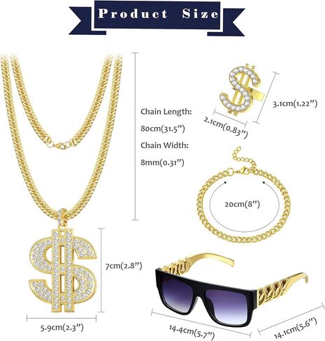 Jstyle 80s/90s Hip Hop Costume Kit for Men Women Metal Chain Necklace Bracelet Sunglasses Dollar Sign Ring Punk Hip Hop Rapper Costume Jewelry in Saudi Arabia
