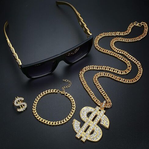 Jstyle 80s/90s Hip Hop Costume Kit for Men Women Metal Chain Necklace Bracelet Sunglasses Dollar Sign Ring Punk Hip Hop Rapper Costume Jewelry in Saudi Arabia