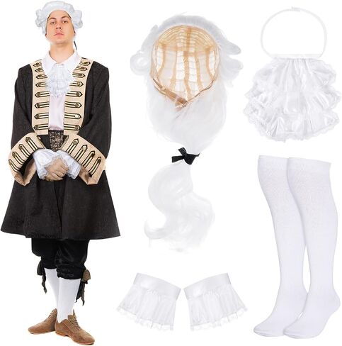Funtery Halloween Colonial White Costume Set Colonial Unisex Lace Jabot Collar and Cuffs Historical Colonial Powdered Wig with Ponytail Knee White Knit Colonial Socks for Adults Children in Saudi Arabia