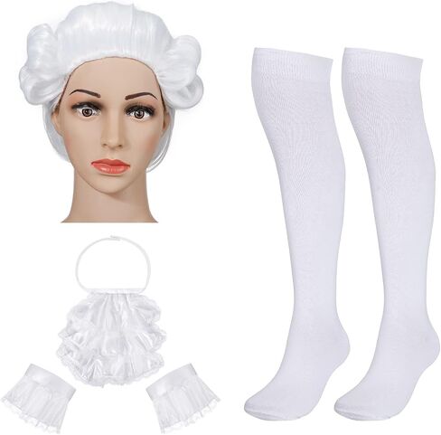 Funtery Halloween Colonial White Costume Set Colonial Unisex Lace Jabot Collar and Cuffs Historical Colonial Powdered Wig with Ponytail Knee White Knit Colonial Socks for Adults Children in Saudi Arabia