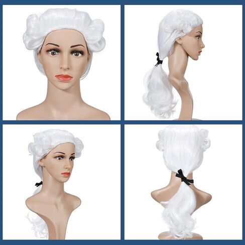 Funtery Halloween Colonial White Costume Set Colonial Unisex Lace Jabot Collar and Cuffs Historical Colonial Powdered Wig with Ponytail Knee White Knit Colonial Socks for Adults Children in Saudi Arabia