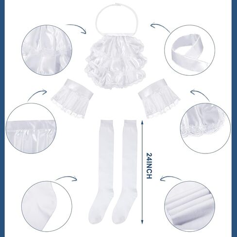 Funtery Halloween Colonial White Costume Set Colonial Unisex Lace Jabot Collar and Cuffs Historical Colonial Powdered Wig with Ponytail Knee White Knit Colonial Socks for Adults Children in Saudi Arabia