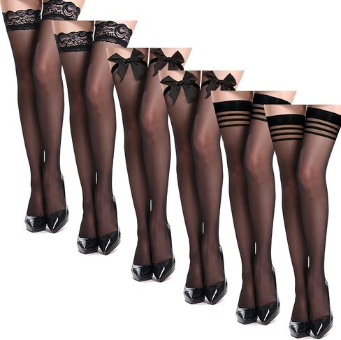 Ray-JrMALL 6 أزواج من الجوارب النسائية الشفافة ذات الفخذ العليا، جوارب طويلة مضادة للانزلاق من السيليكون، جوارب رفيعة من الدانتيل بأعلى الفخذين in Kuwait