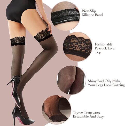 Ray-JrMALL 6 أزواج من الجوارب النسائية الشفافة ذات الفخذ العليا، جوارب طويلة مضادة للانزلاق من السيليكون، جوارب رفيعة من الدانتيل بأعلى الفخذين in Kuwait