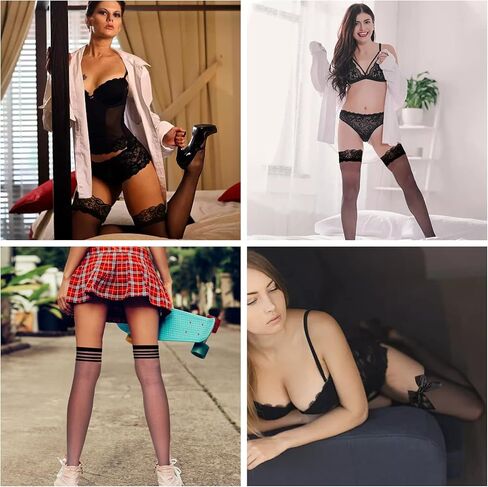 Ray-JrMALL 6 أزواج من الجوارب النسائية الشفافة ذات الفخذ العليا، جوارب طويلة مضادة للانزلاق من السيليكون، جوارب رفيعة من الدانتيل بأعلى الفخذين in Kuwait