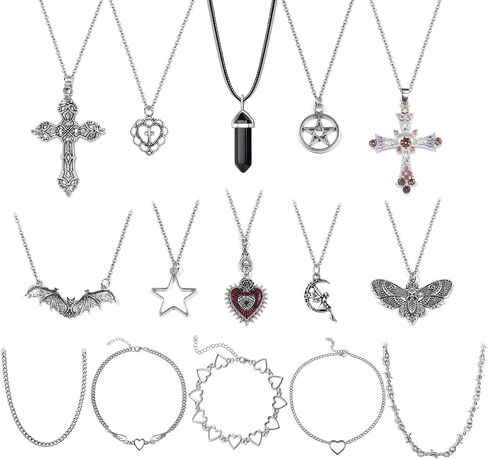YIIISIIY 15 قطعة قلادة الجرونج مجموعة القوطية Y2k مجوهرات اكسسوارات القلائد القوطي الصليب الجنية الملاك القلب الجناح سلسلة المختنق قلادة للنساء الفتيات in Kuwait