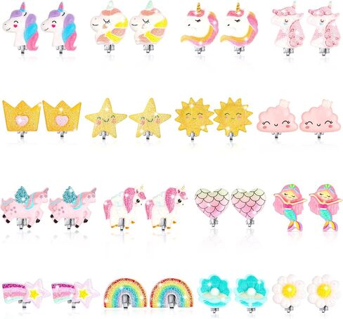 16 Pairs Clip on Earrings for Girls Stud Earrings Set Kid Earrings Kids Jewelry for Girls Party Favor Kids Princess Play in Saudi Arabia