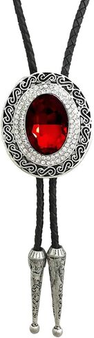 SELOVO Western Big Large Red Rhinestone Western Bolo Tie Genuine Leather Silver Tone in Saudi Arabia