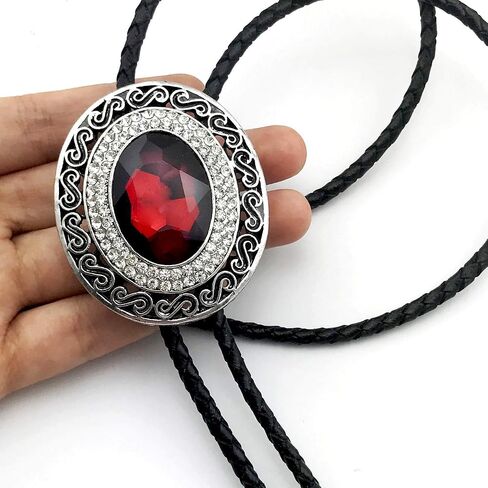 SELOVO Western Big Large Red Rhinestone Western Bolo Tie Genuine Leather Silver Tone in Saudi Arabia