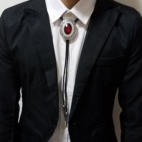 SELOVO Western Big Large Red Rhinestone Western Bolo Tie Genuine Leather Silver Tone in Saudi Arabia