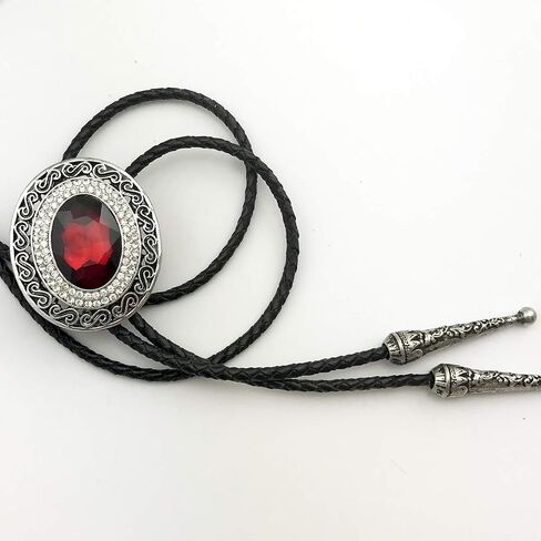 SELOVO Western Big Large Red Rhinestone Western Bolo Tie Genuine Leather Silver Tone in Saudi Arabia