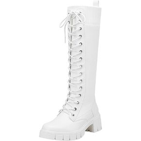 Jeossy Women's Combat Chunky Platform Heel Knee High Lace Up Boots | Tall riding boots,round toe,flat comfortable,casual walking,sexy,work,dresses, city days,party,concert,seampunk in Saudi Arabia