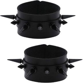 FM FM42 Women Multicolor PU Simulated Leather Black-tone Long and Short Rivets Spike Spiked 4cm(1.57") Wide Punk Gothic Adjustable Bracelet, Pack of 2