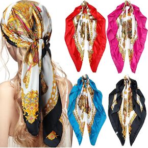 Honoson 4 Pieces 35 Inch Satin Head Scarves Large Square Silky Feeling Headband Satin Boho Hair Bandanas for Women Girls (Stylish Series)