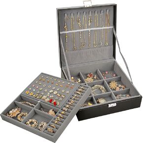 صندوق مجوهرات كبير من فيكي للنساء، صندوق منظم مجوهرات أسود مكون من طبقتين للرجال، منظم صندوق مجوهرات للنساء، صندوق منظم لتخزين المجوهرات لحلقات القلادة والسوار، صندوق منظم in Kuwait