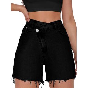PINYOU Women's Criss Crossover Jean Shorts, High Waisted Denim Shorts Frayed Raw Hem Asymmetrical Hot Shorts