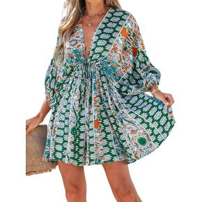 CUPSHE Women Floral Ornate Print Tie Front Dress 3/4 Balloon Sleeves Paisley Beach Dresses